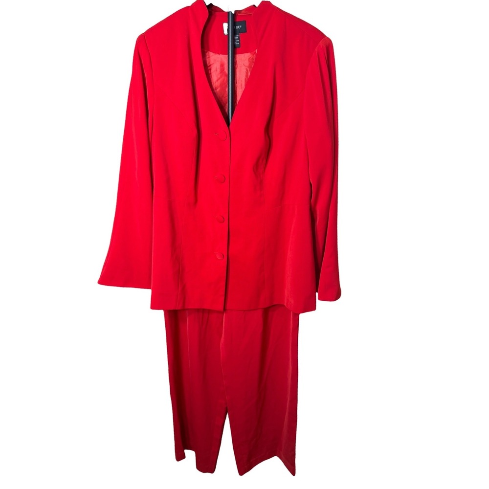 Ashro Red Pant Suit Set Size 16W Embroidered Back Blazer Wide Leg Trousers